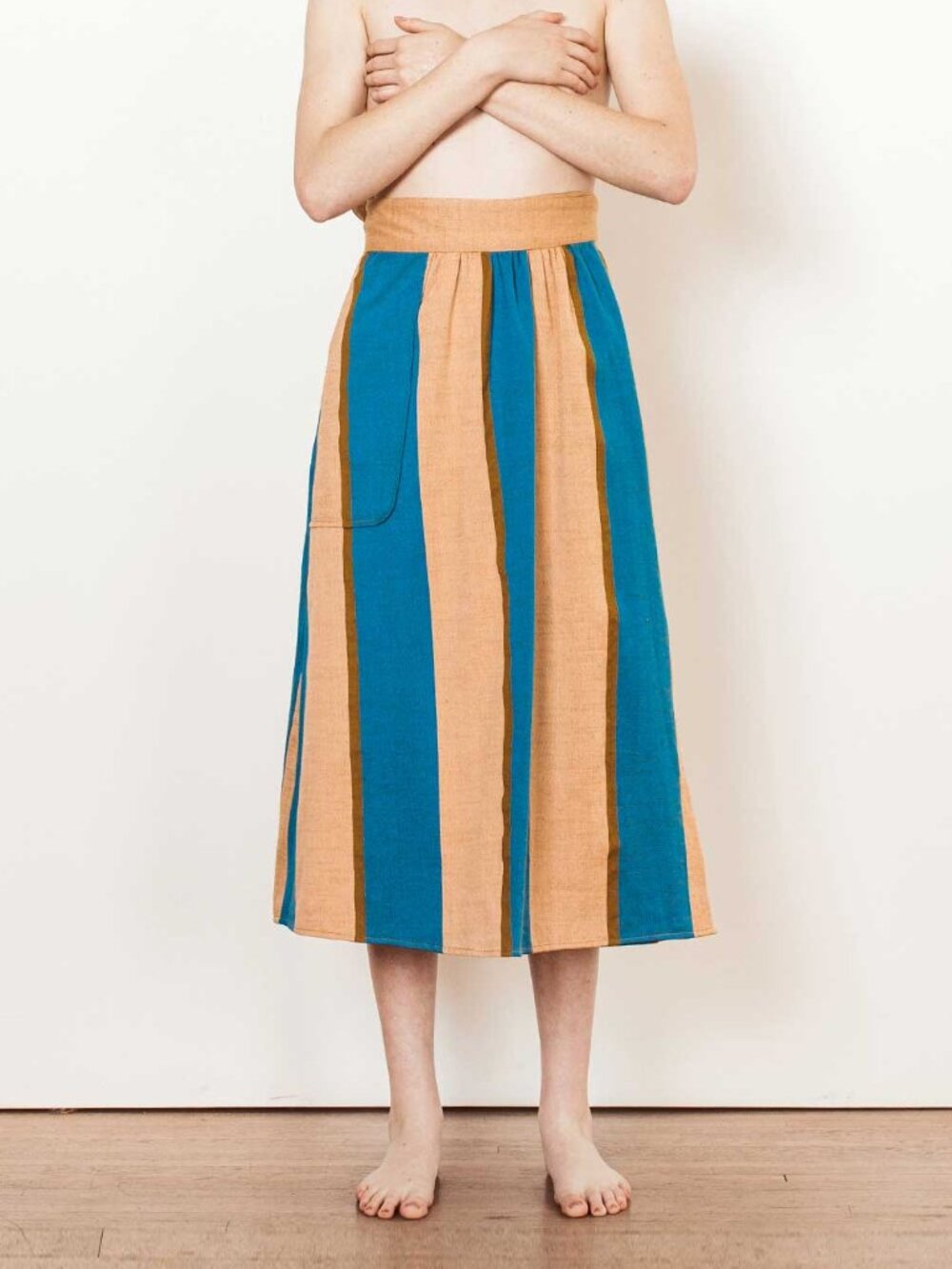 Ace & Jig Blue and Tan Striped Midi Skirt